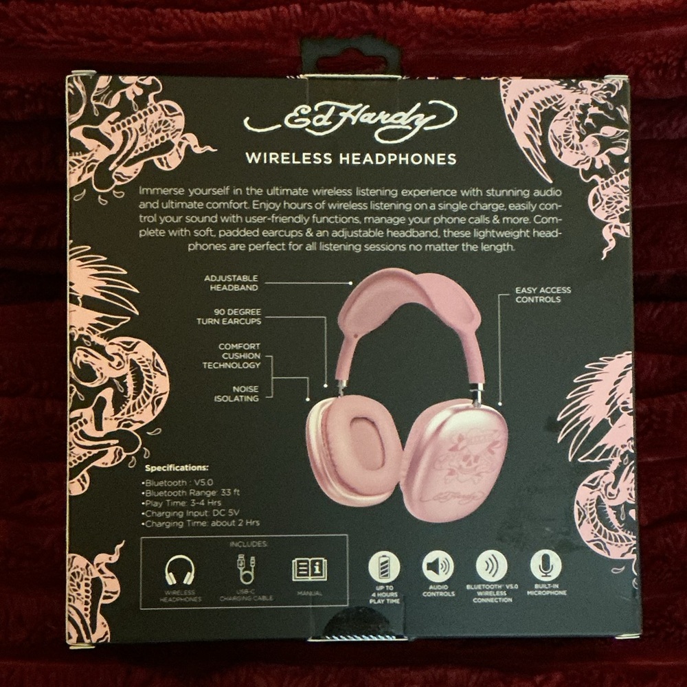 Ed Hardy Pink White Skull Wireless Headphones - Picture 3 of 5